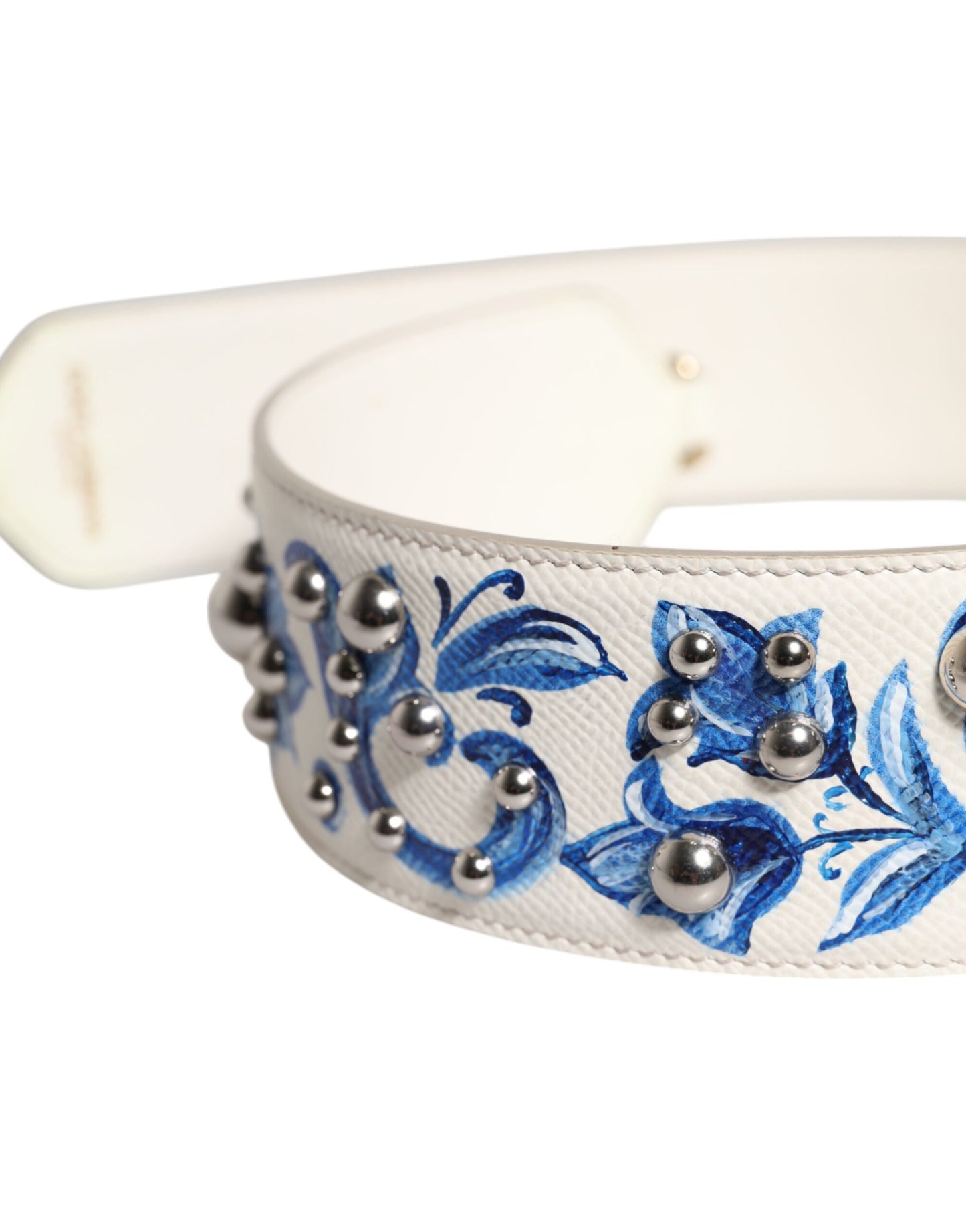 White Blue Floral Leather Stud Shoulder Strap