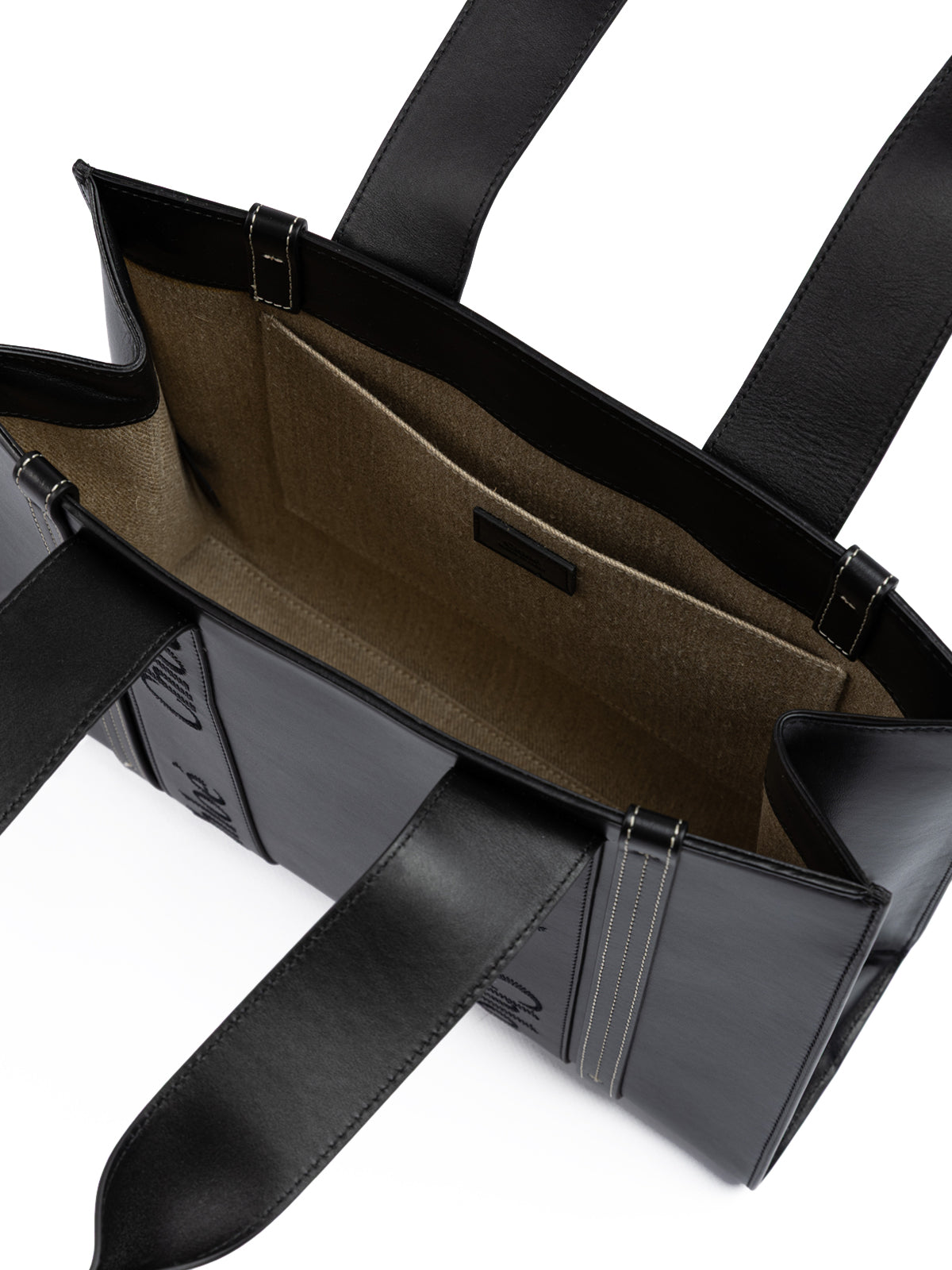 Black Woody Embroidered Logo Leather Medium Tote Bag