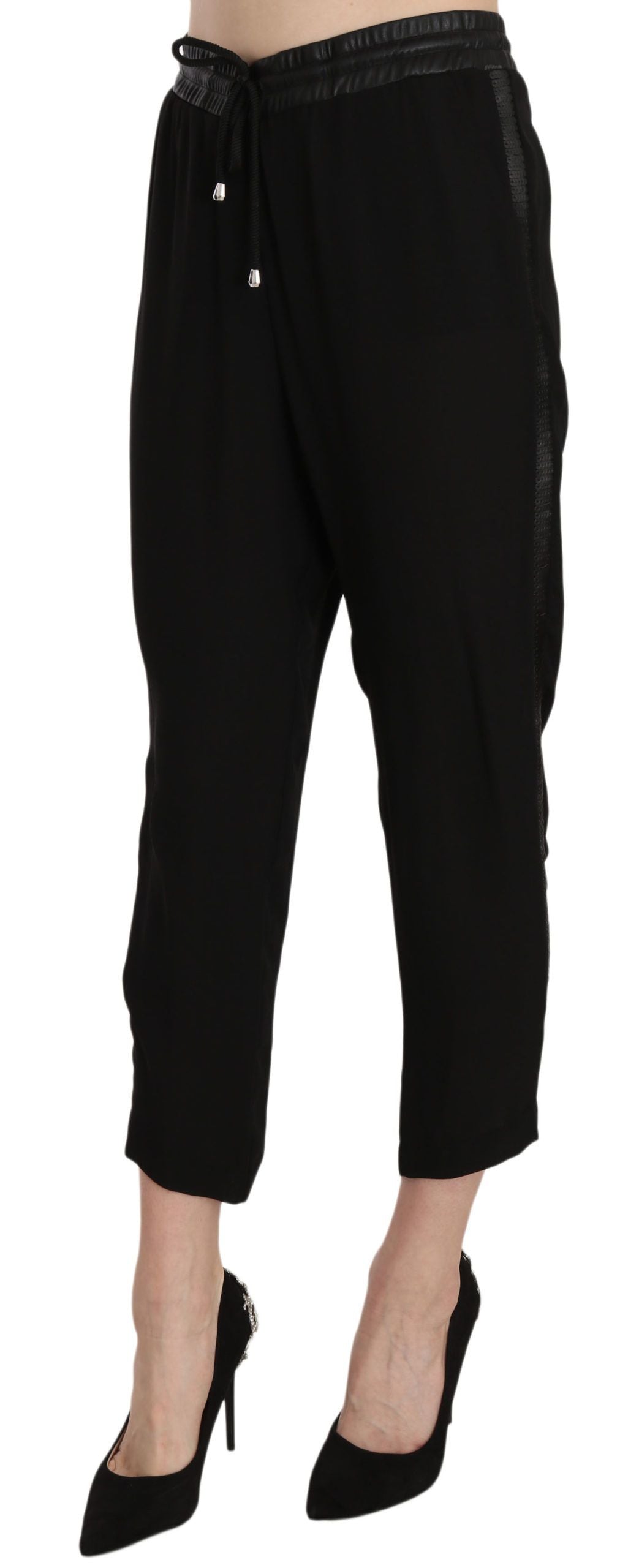 Black Polyester High Waist Cropped Trousers Pants