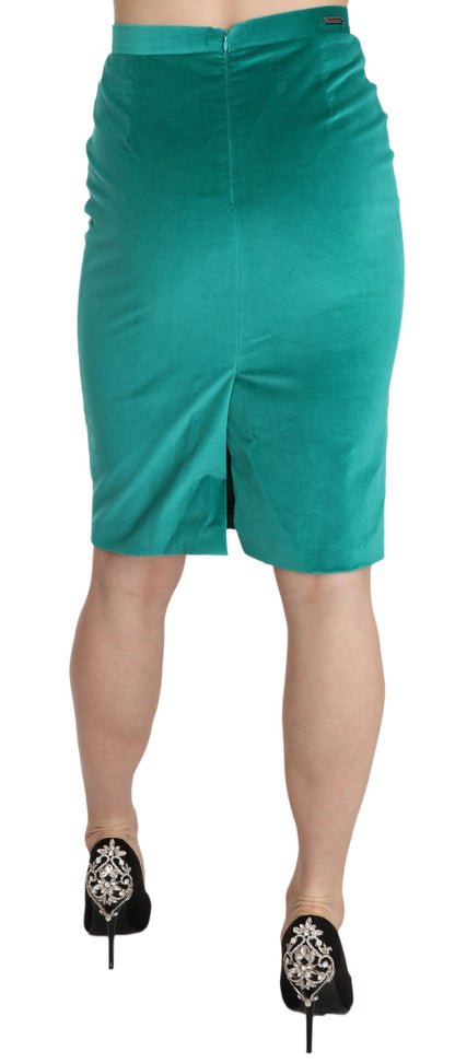 Green Solid Twill Knee Length Pencil Midi Skirt