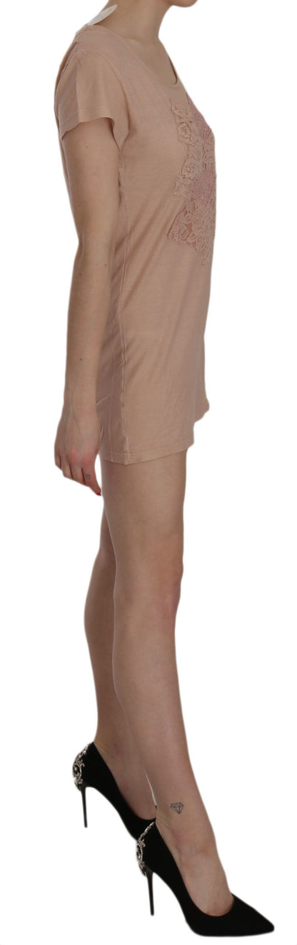 Pink Lace Short Sleeve Shift Mini Dress