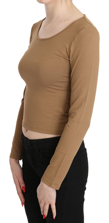 Brown Round Neck Long Sleeve Slim Crop Top Blouse