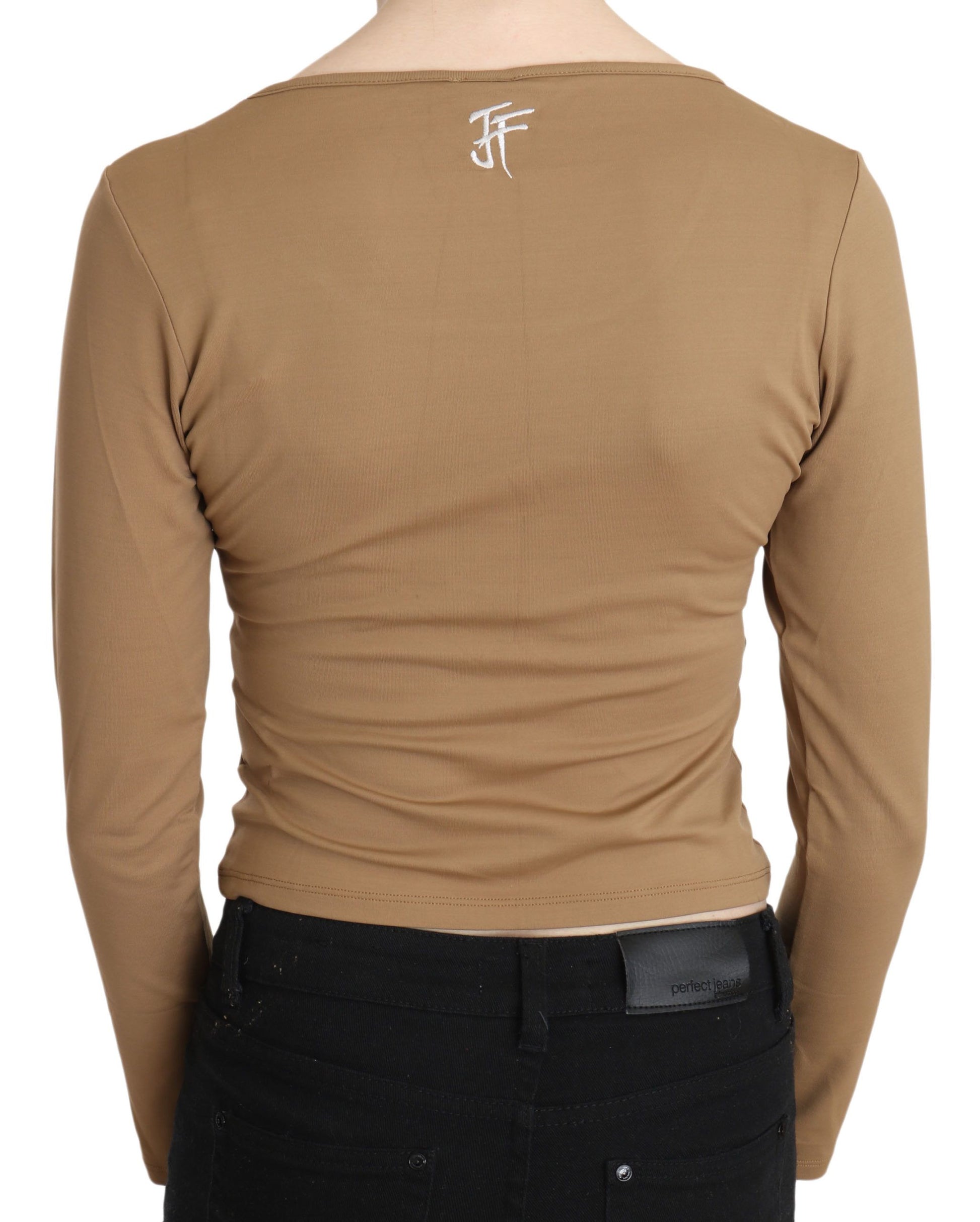 Brown Round Neck Long Sleeve Slim Crop Top Blouse