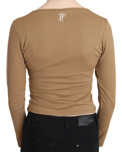 Brown Round Neck Long Sleeve Slim Crop Top Blouse