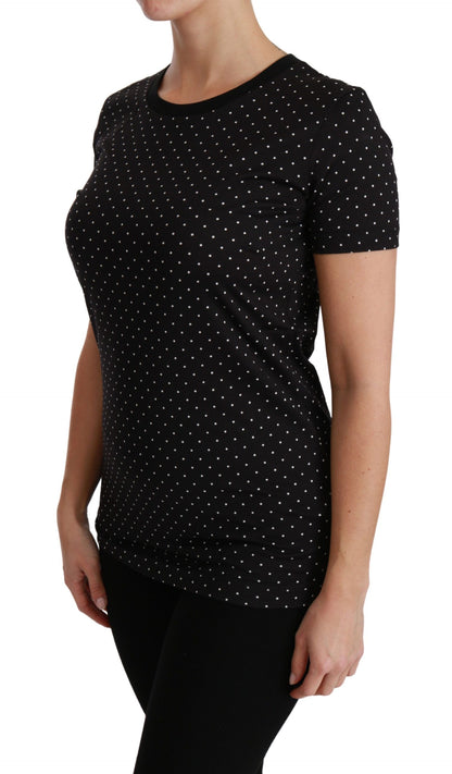 Black Dotted Crewneck Cotton Top T-shirt