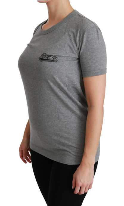 Gray Crewneck Amore Patch Cotton Top T-shirt