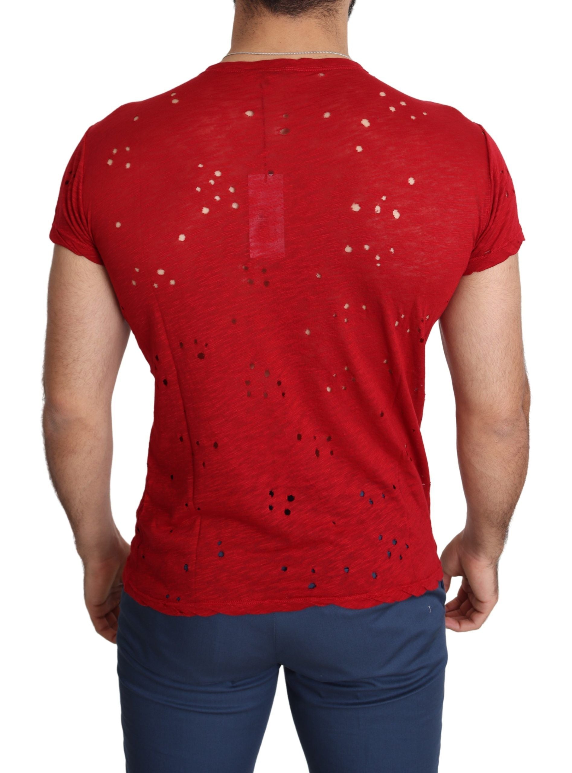 Red Cotton Logo Print Men Casual Top Perforated T-shirt