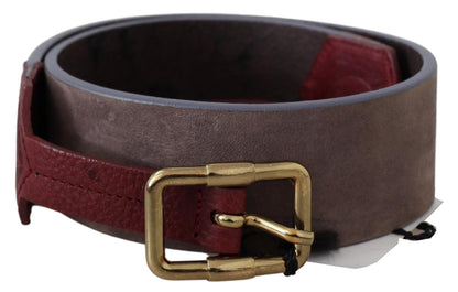 Brown Leather Wide Gold Chrome Logo Buckle Belt