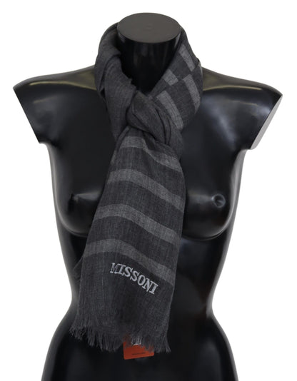 Gray Striped Wool Unisex Neck Wrap Fringes Scarf