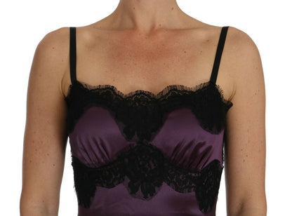 Purple Silk Stretch Black Lace A-Line Dress