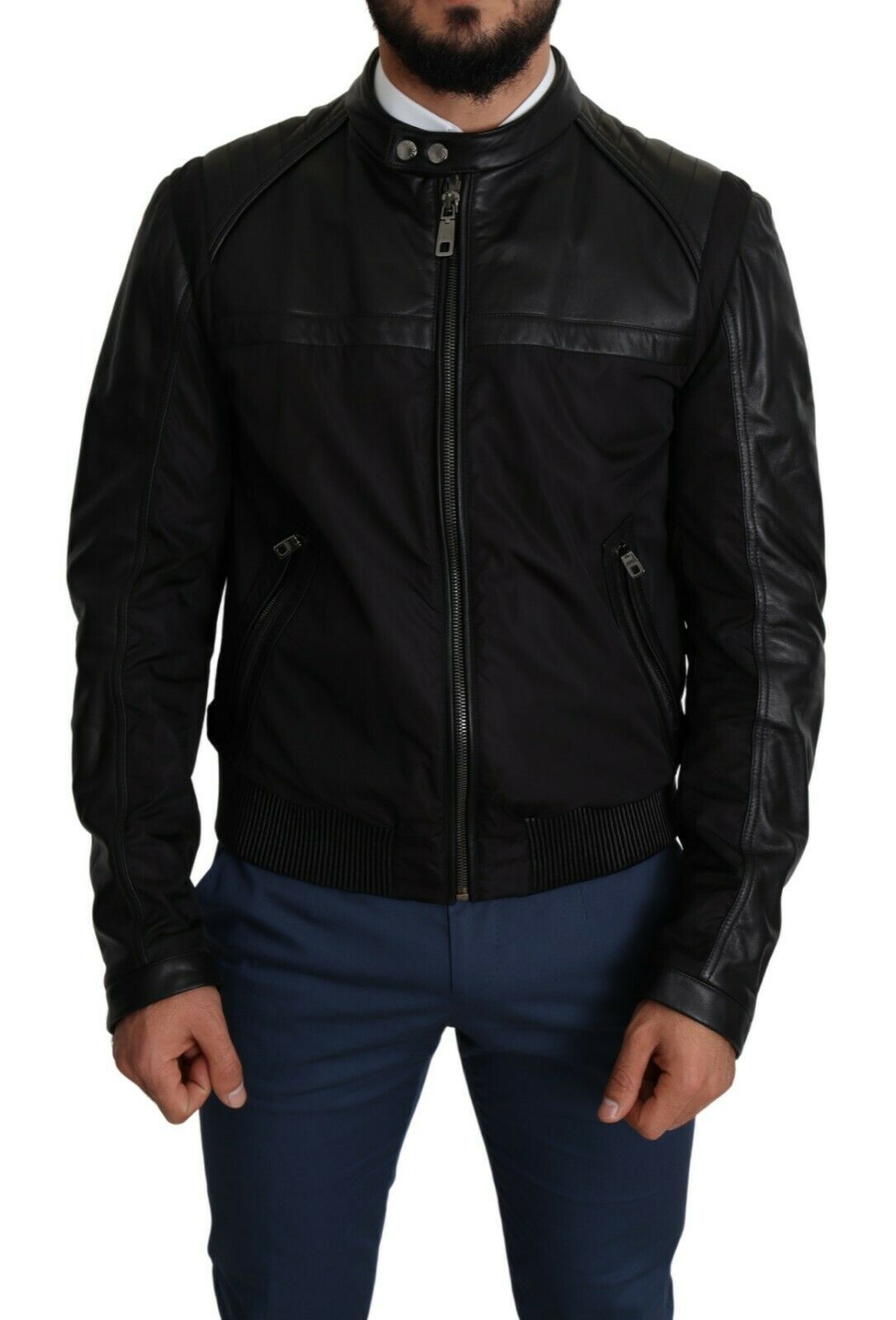 Black Nylon Full Zip Men Bomber Coat Jacket