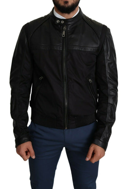 Black Nylon Full Zip Men Bomber Coat Jacket
