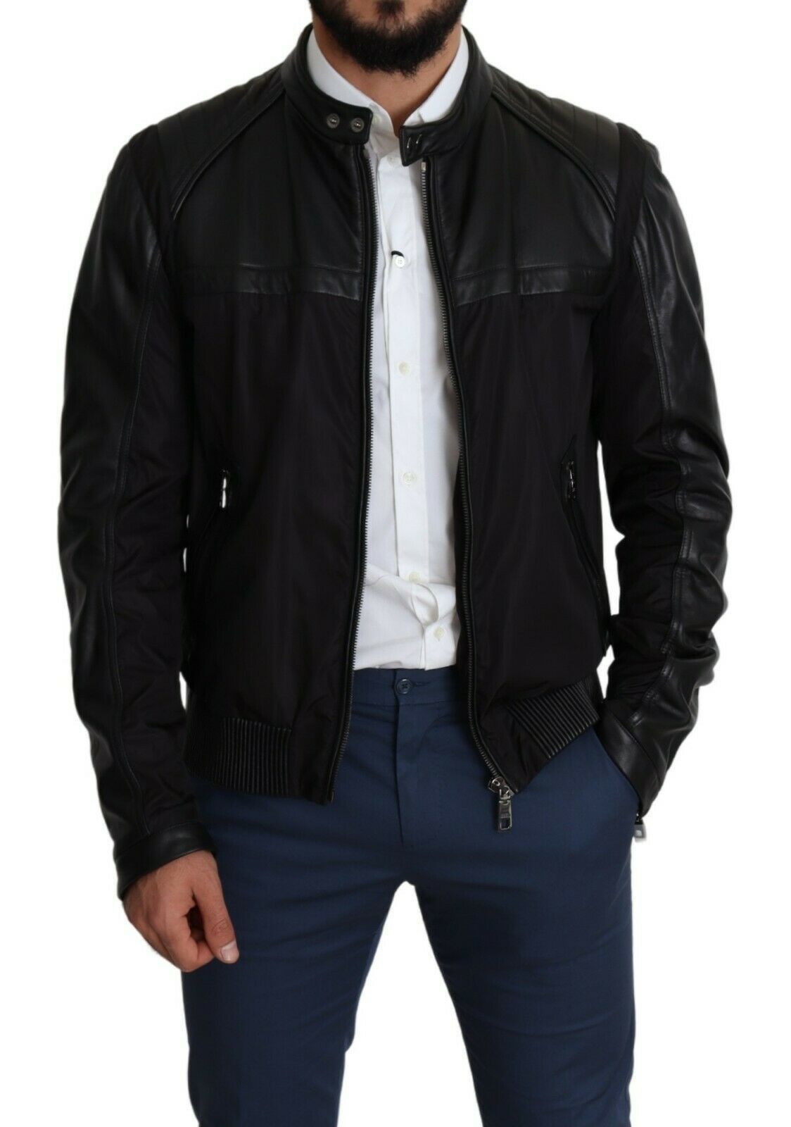 Black Nylon Full Zip Men Bomber Coat Jacket