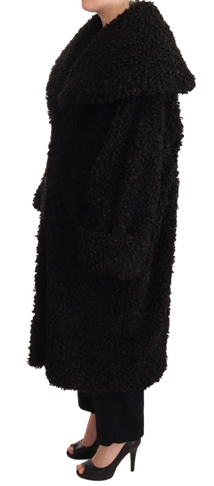 Black Polyester Fur Trench Coat Jacket