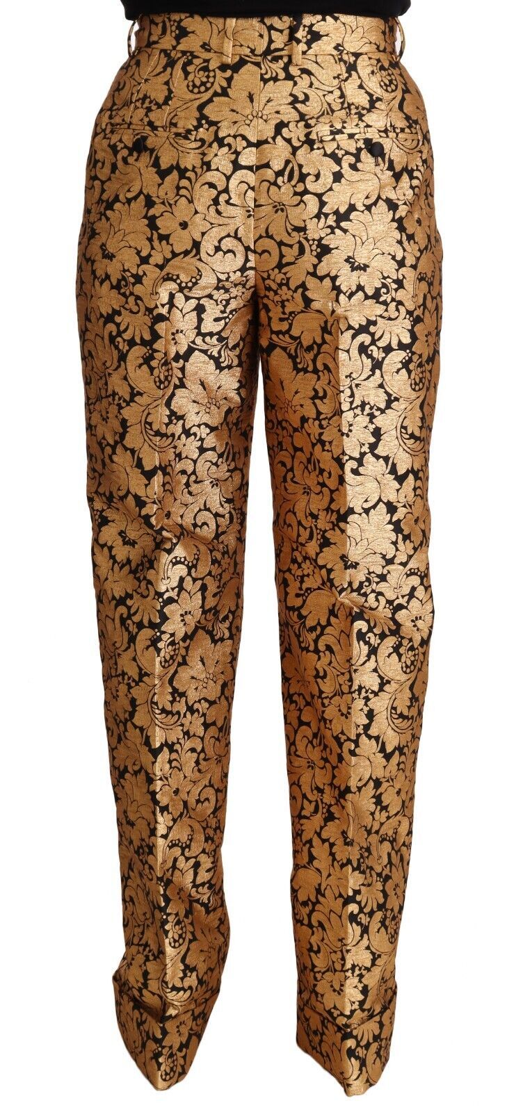Gold Floral Jacquard Straight Polyester Pants