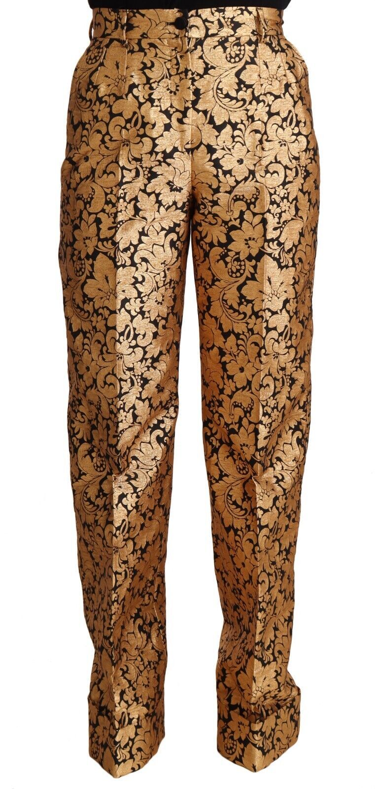 Gold Floral Jacquard Straight Polyester Pants