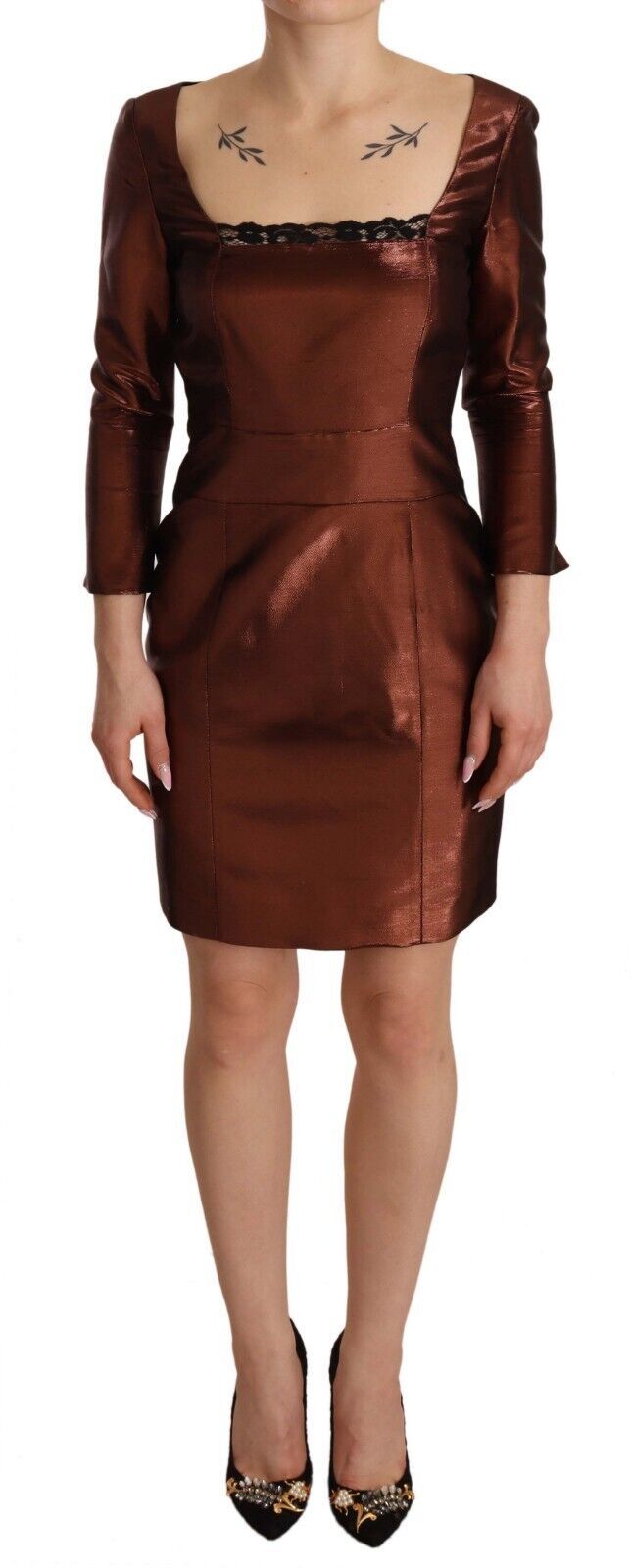 Metallic Brown Long Sleeves Square Neck Sheath Dress