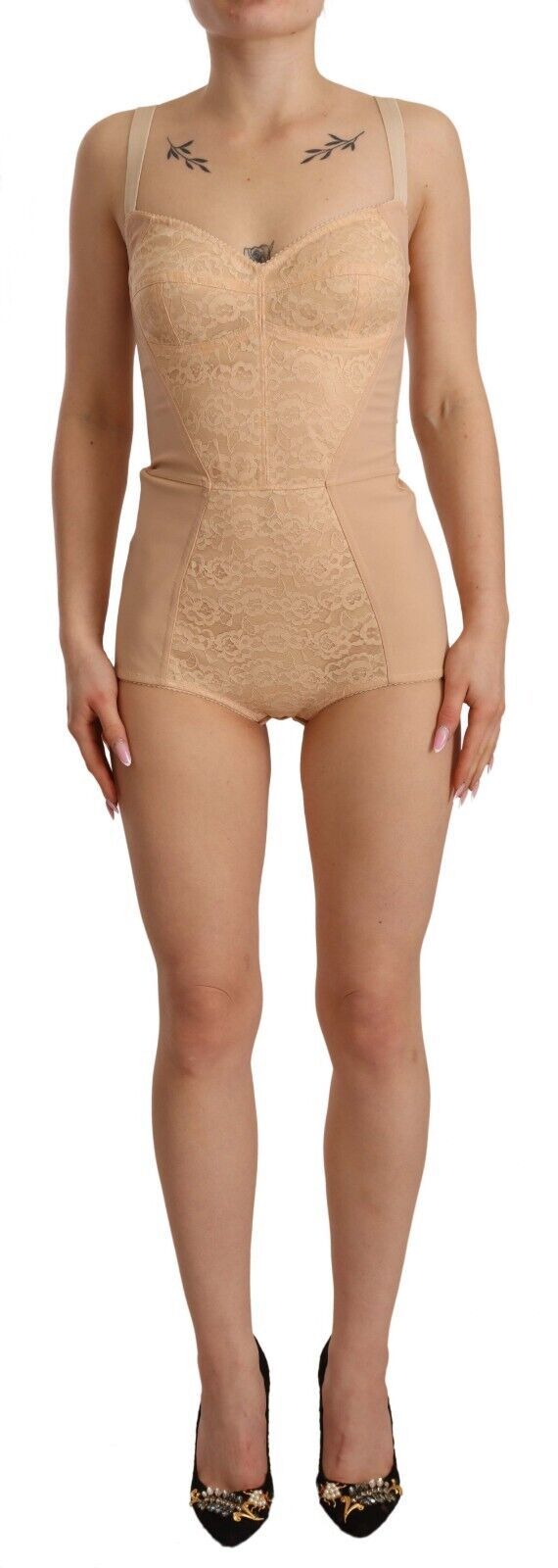 Beige Nylon Floral Lace Bodysuit Underwear