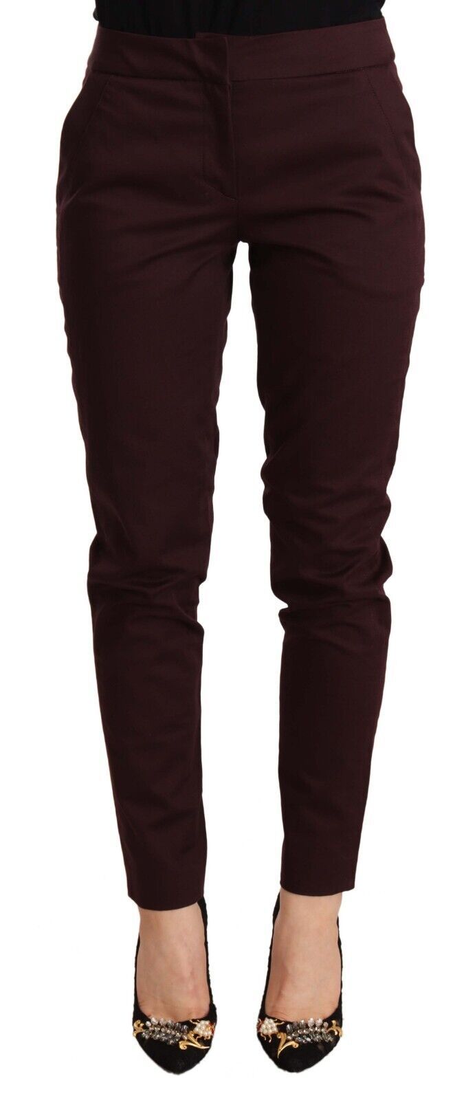 Maroon Mid Waist Skinny Women Trouser Pants