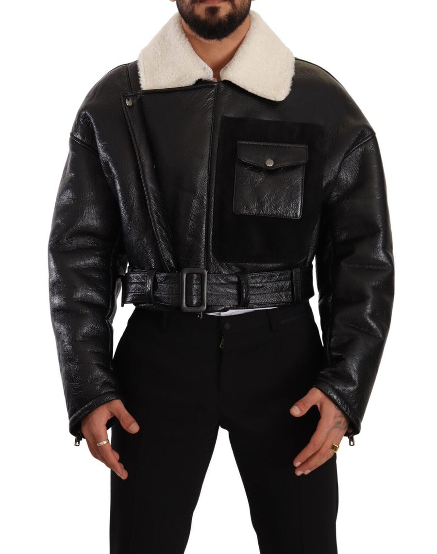 Black Leather Shearling Biker Coat Jacket