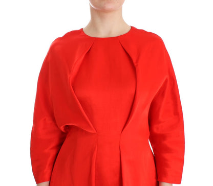 Red Mini Linen 3/4 Sleeve Sheath Dress