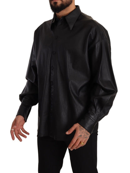 Black Leather Button Down Men Collared Jacket