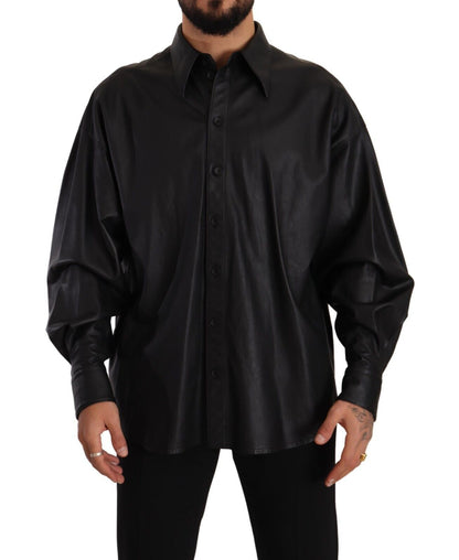 Black Leather Button Down Men Collared Jacket