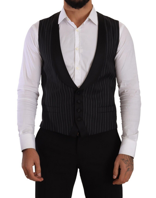 Black Striped Wool Silk Waistcoat Vest