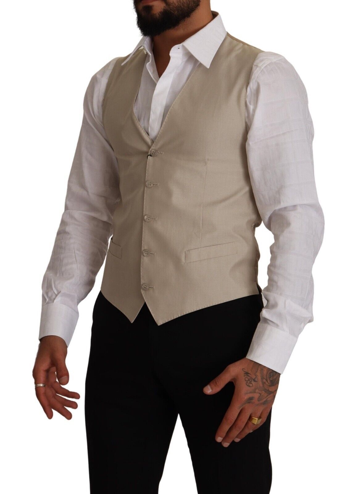 Beige Cotton Silk Slim Fit Waistcoat Vest