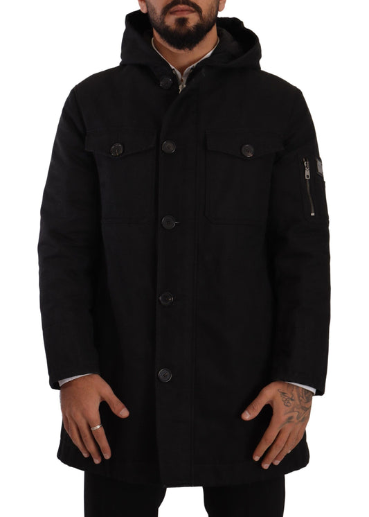 Black Denim Hooded Parka Coat Winter Jacket