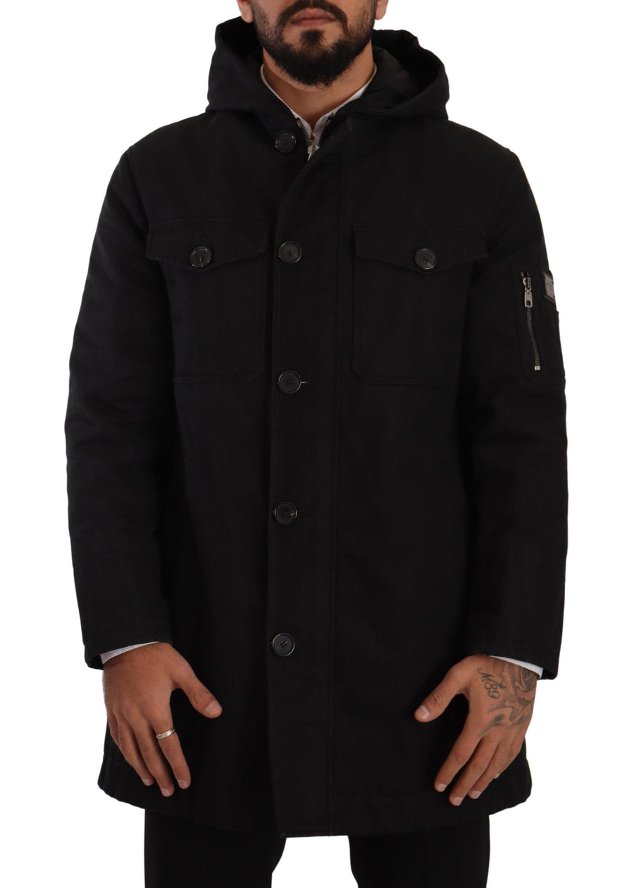 Black Denim Hooded Parka Coat Winter Jacket
