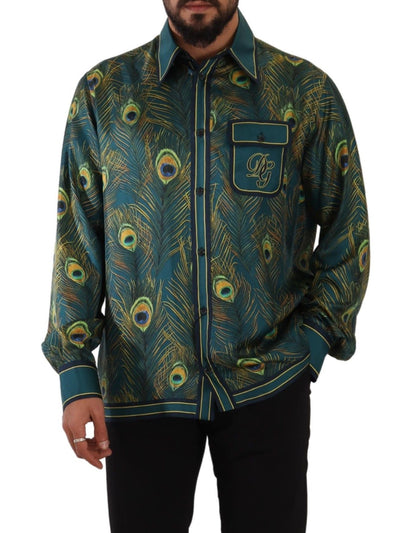 Peacock Feather Print Silk Pajama Mens Shirt