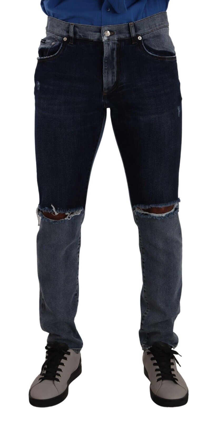 Blue Two Tone Tattered Cotton Slim Denim Jeans