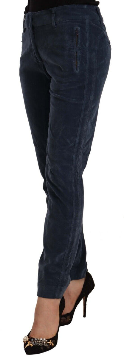 Blue Mid Waist Cotton Stretch Tapered Pants