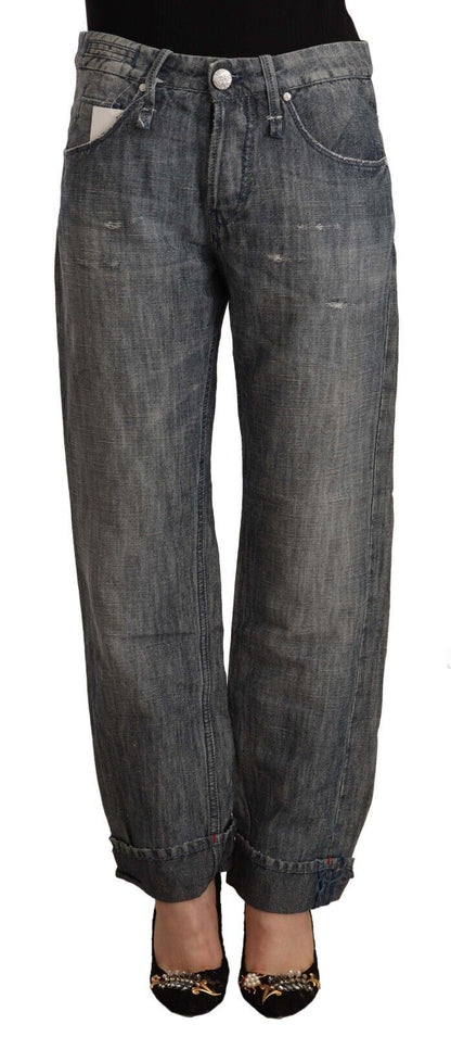 Gray Washed Ramie Straight Denim Folded Hem Jeans