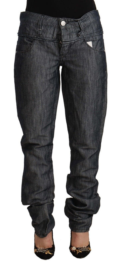 Dark Gray Ramie Mid Wide Waist Straight Denim Jeans