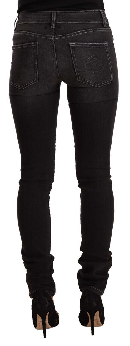 Black Washed Mid Waist Cotton Denim Skinny Jeans