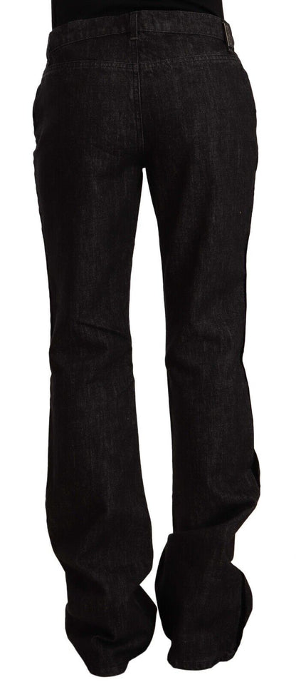 Black Mid Waist Cotton Denim Straight Boot Cut Jeans