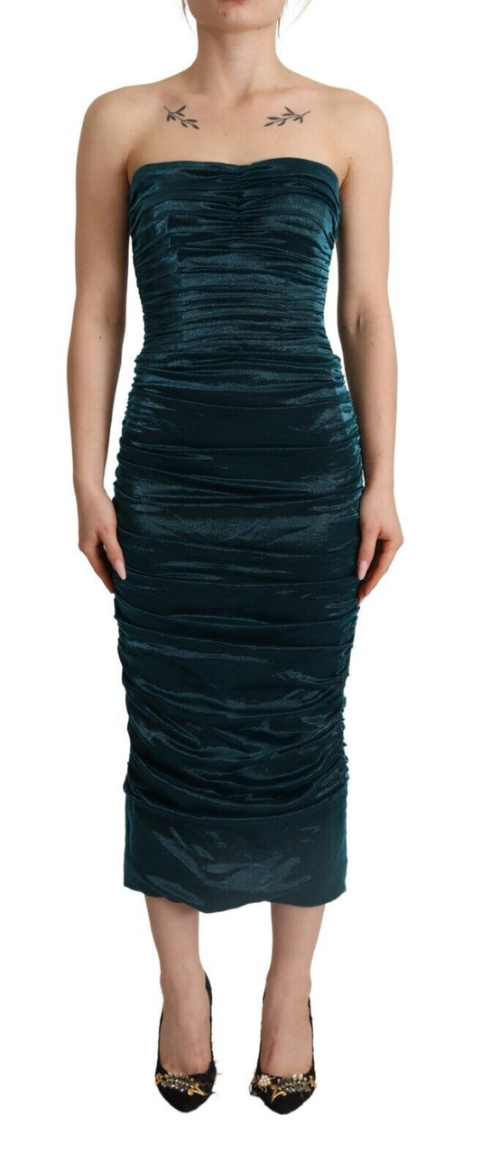 Turquoise Bustier Bodice Draped Midi Dress.