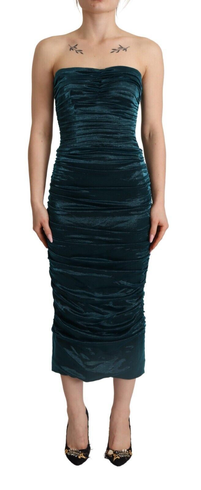 Turquoise Bustier Bodice Draped Midi Dress.