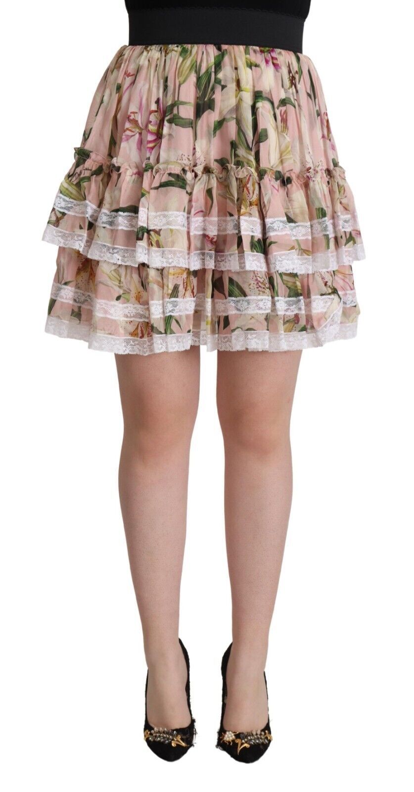 Pink Lily Print Silk Mini Tiered A-line Skirt