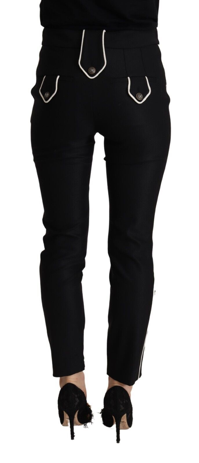 Black Mid Waist Button Embellished Slim Fit Pants