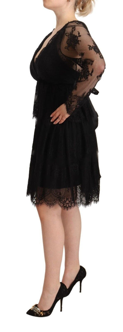 Black Floral Lace Cotton Long Sleeves V-neck Shift Dress