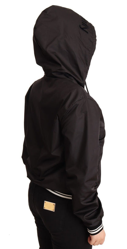 Black Polyester Hooded Bomber Full Zip Jacket