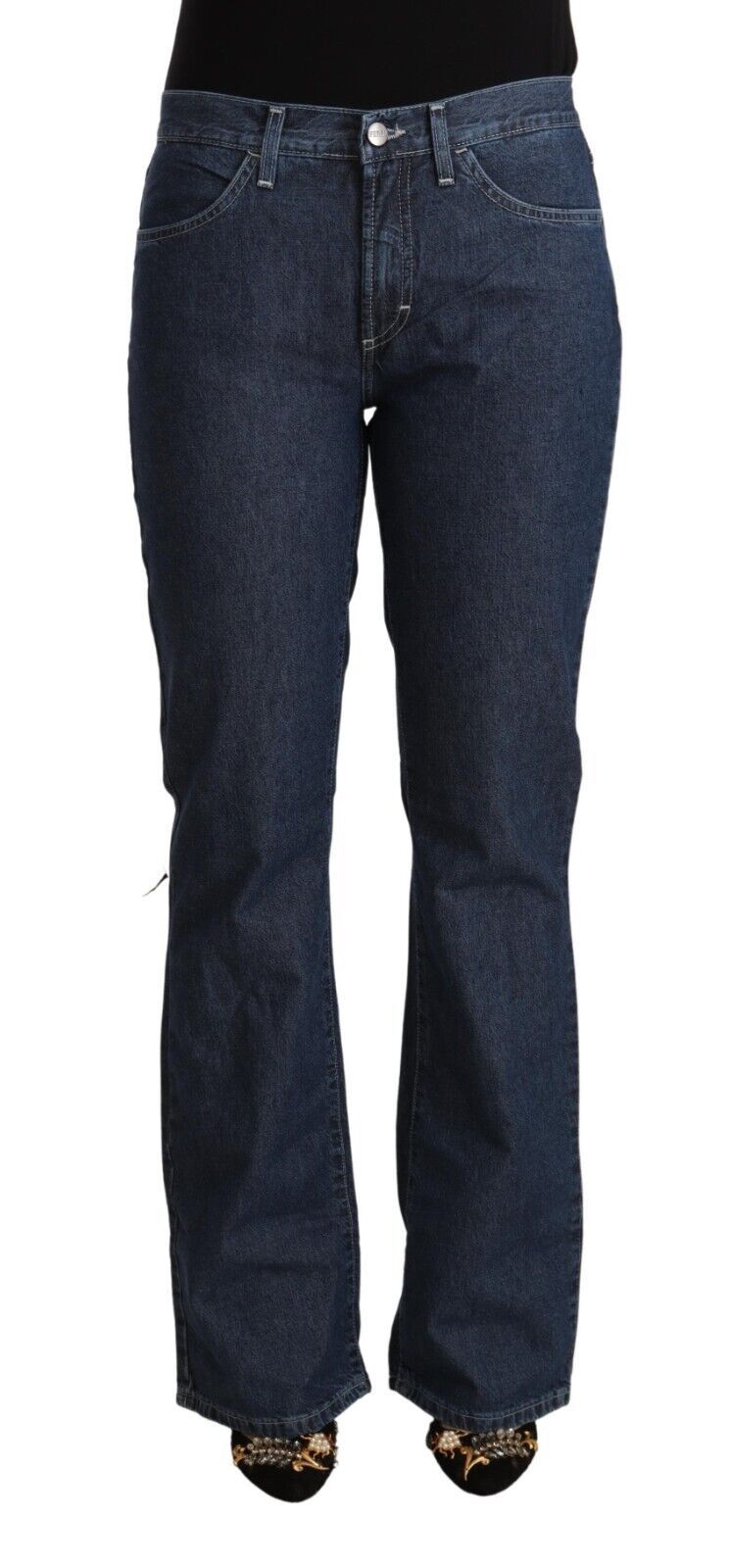 Blue Cotton Mid Waist Flared Denim Jeans