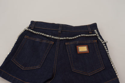 Blue Denim Stretch Crystal Hot Pants Shorts
