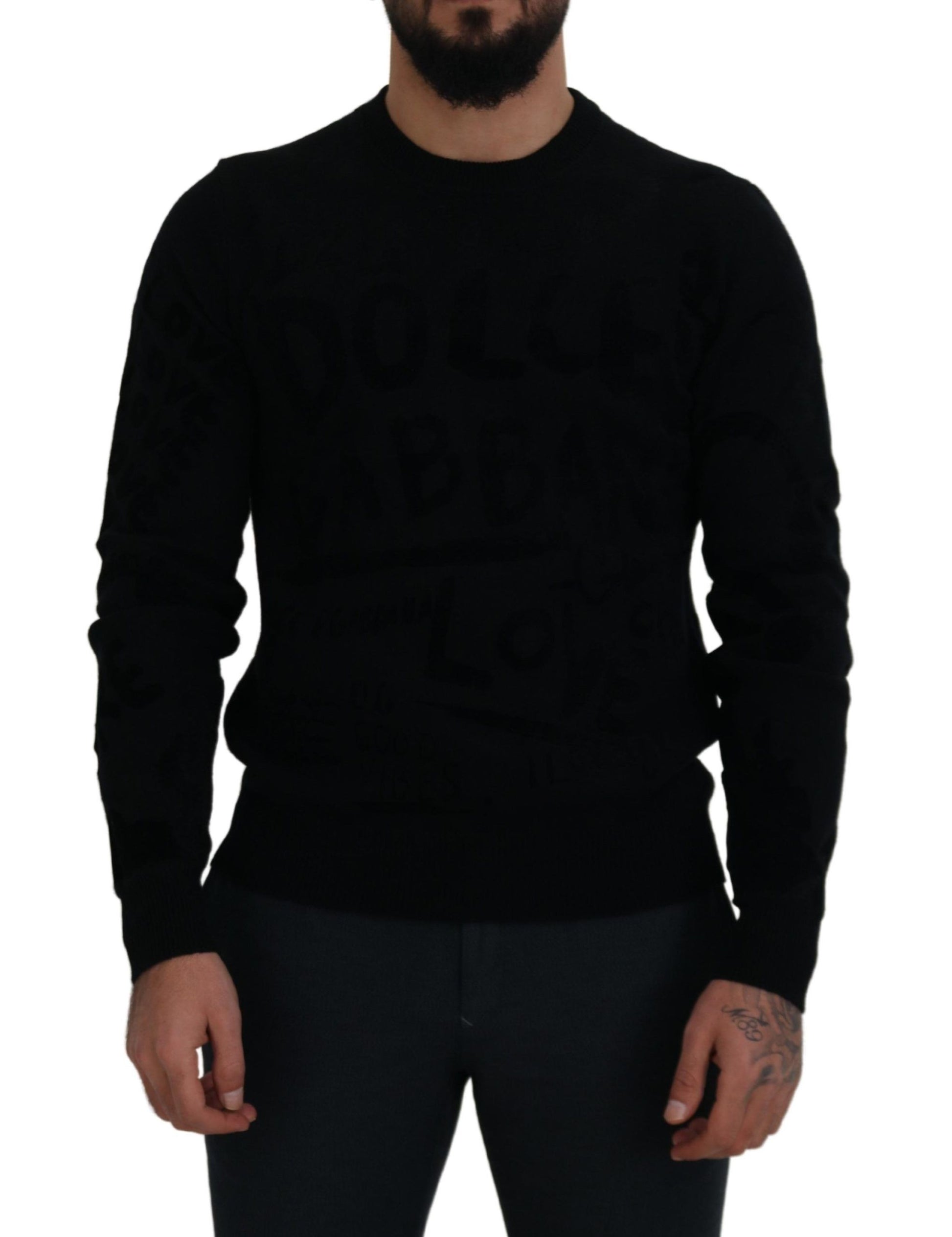 Black Wool Logo Pattern Crewneck Pullover Sweater