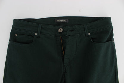 Green Cotton Denim Stretch Straight Fit Jeans