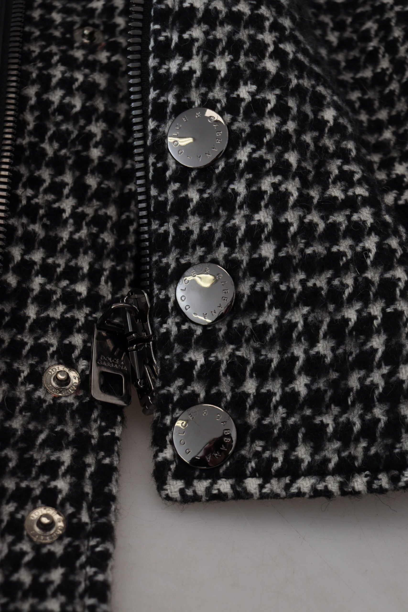 Black Houndstooth Polyester Bomber Jacket