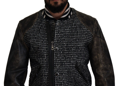Black Houndstooth Polyester Bomber Jacket